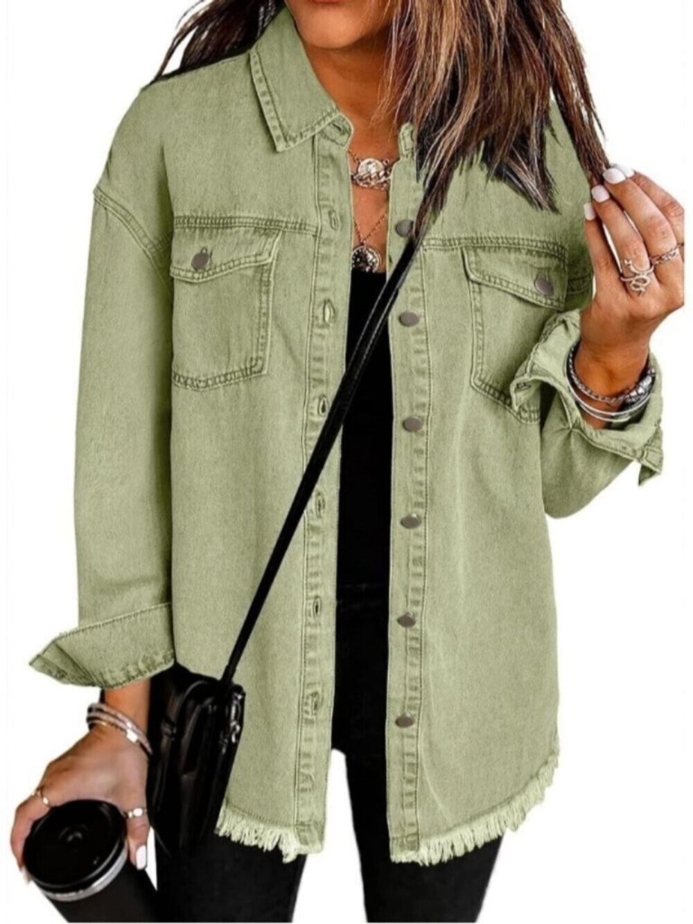 Women's Olive Oversized Drop Shoulder Button Up Frayed Raw Hem Denim Jean Jacket